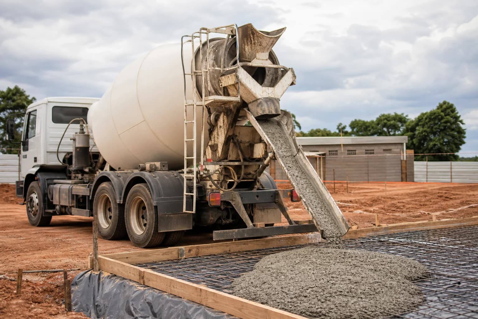 Concreto sendo descarregado em uma estrutura preparada para concretagem